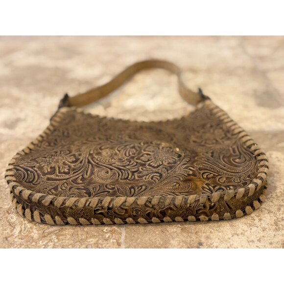 Vintage-Style Tooled Leather Handbag With Floral Design & Whipstitch Detail - Picture 3 of 6